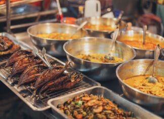 Od pierwszego garnka curry do kultowego stoiska na rogu ulicy miasta Kolorowe dania azjatyckiego street foodu w metalowych miskach na straganie